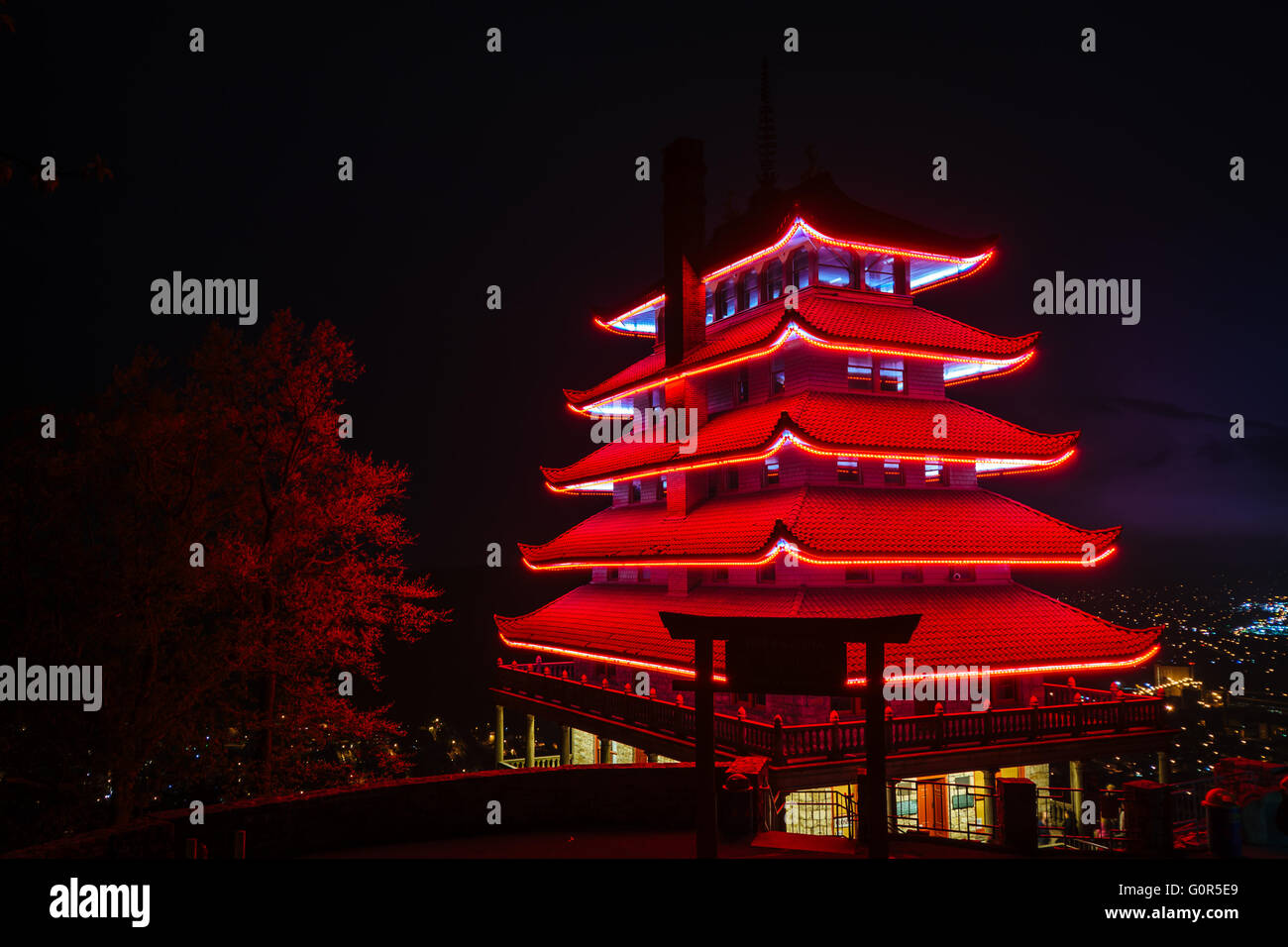 The Pagoda on Skyline Drive at night, in Reading, Pennsylvania. Stock Photo