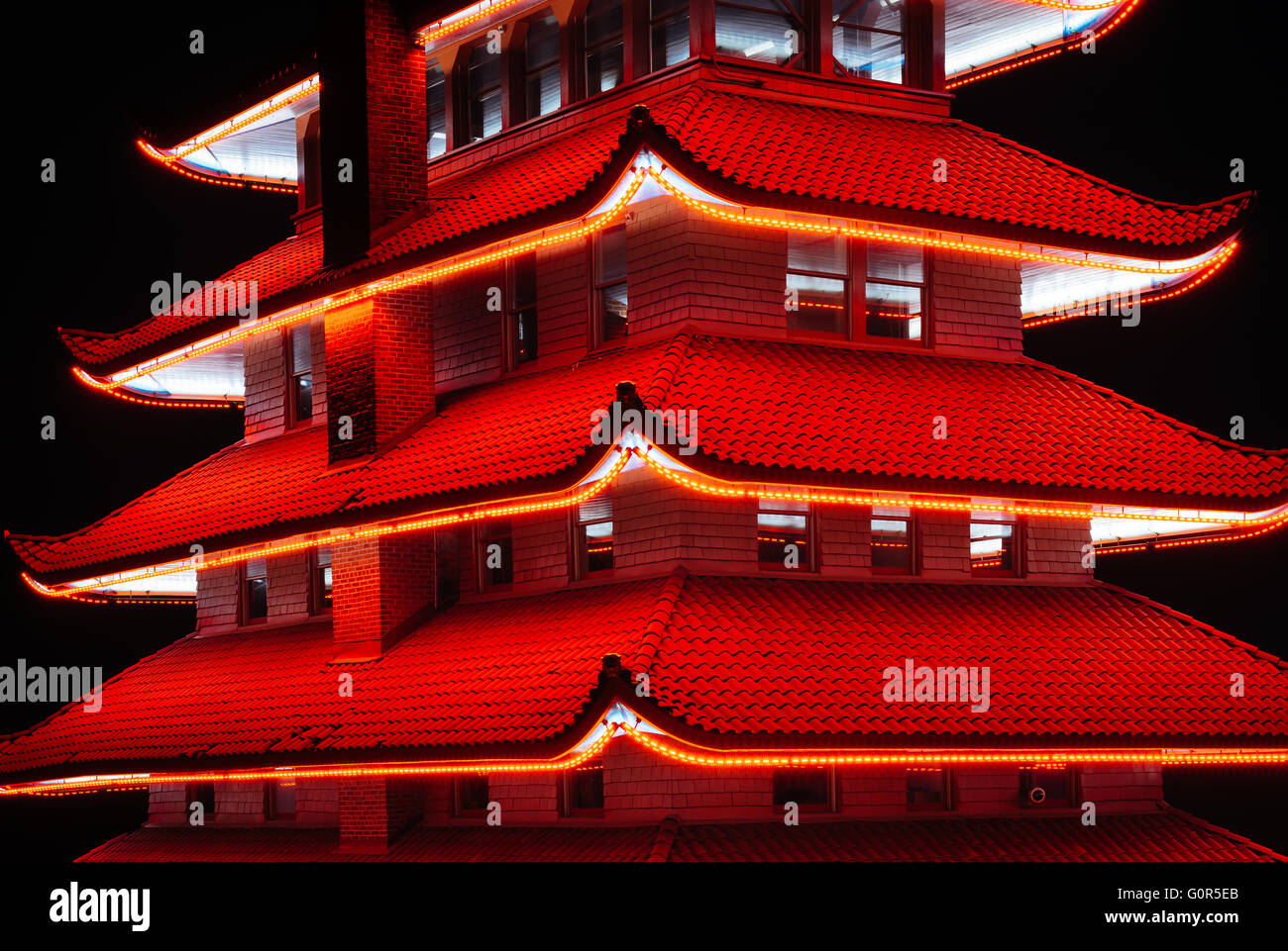 The Pagoda on Skyline Drive at night, in Reading, Pennsylvania. Stock Photo