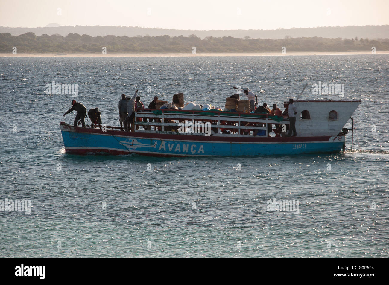 Ferry entering Nacala bay, Nacala Mozamique Stock Photo