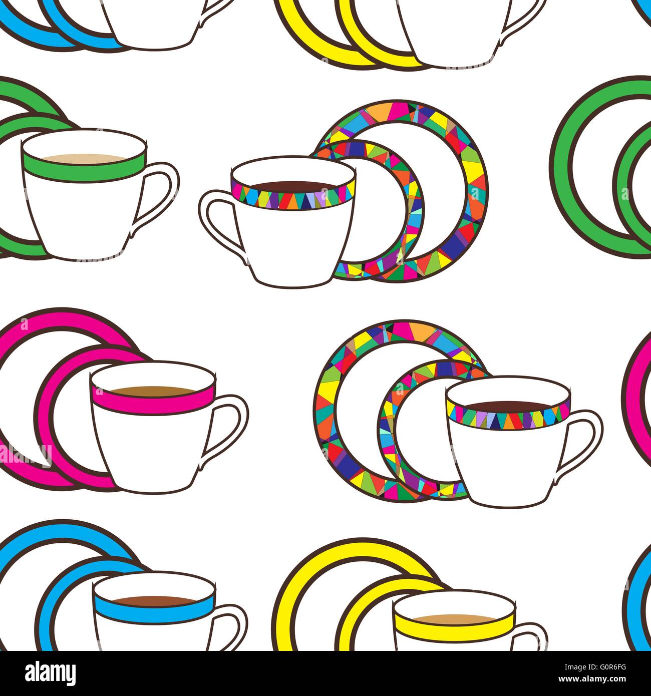 Set of cups, plates and saucers with bright trim Stock Vector Image
