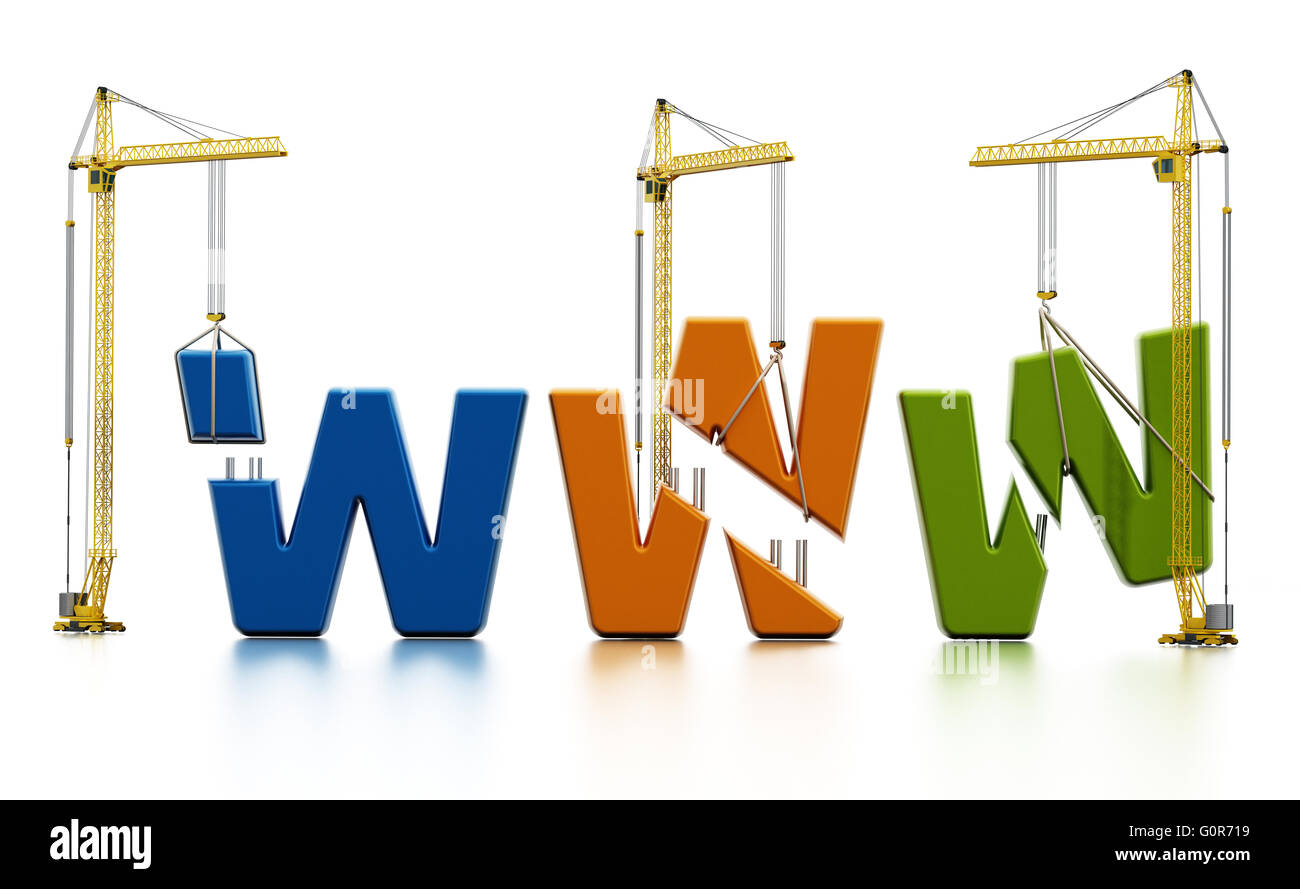 Colored www letters carried by construction cranes forming www word