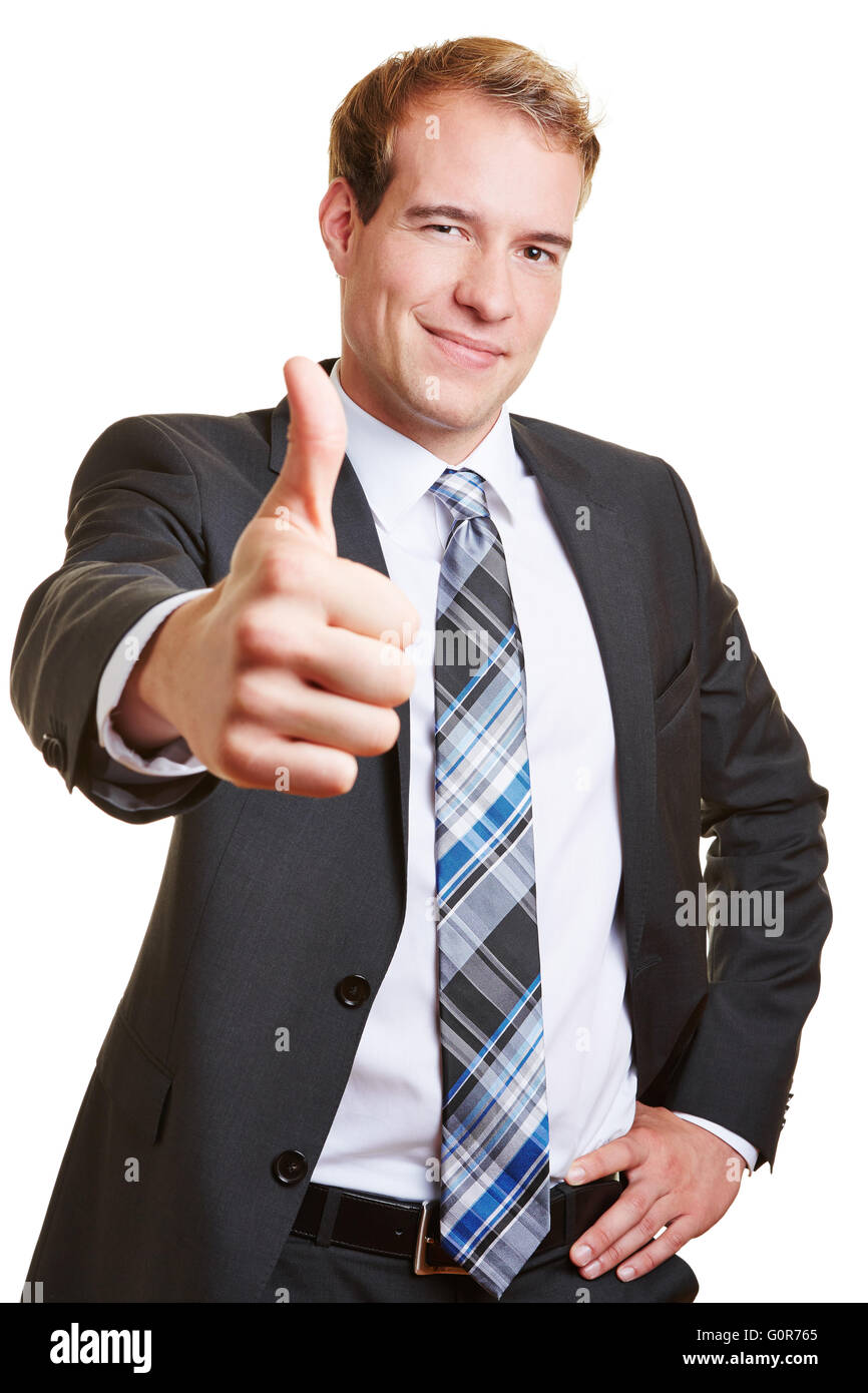 Smiling happy business man holding his thumbs up Stock Photo - Alamy