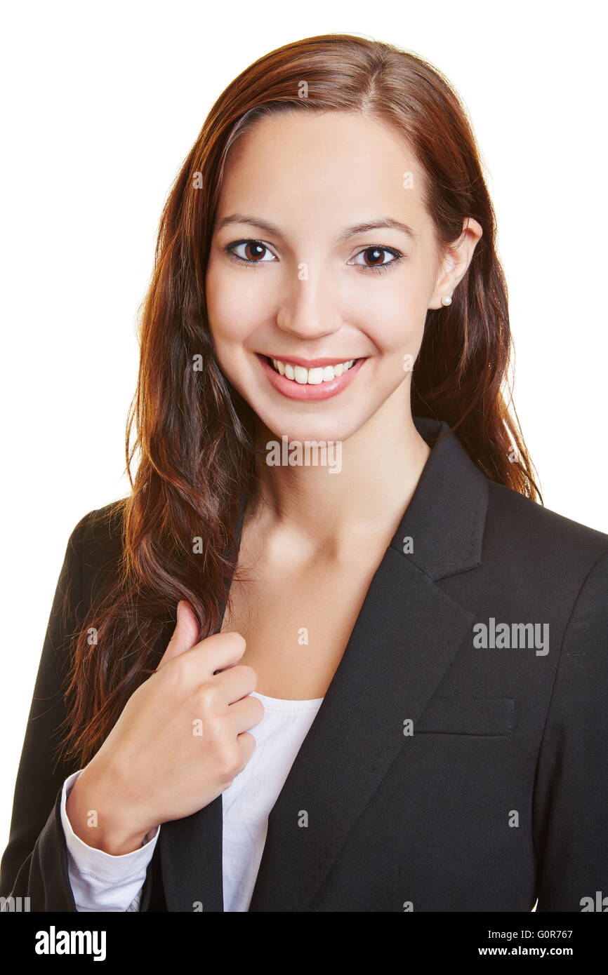 Portrait of a young smiling business woman in a suit Stock Photo - Alamy