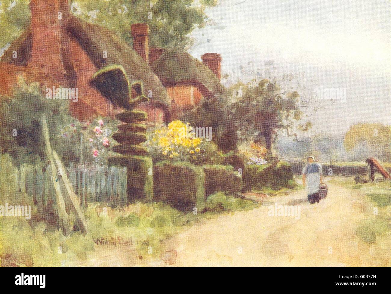 OLD BASING: Clipped Yew. Thatched cottages. Topiary.. HAMPSHIRE, print 1909 Stock Photo