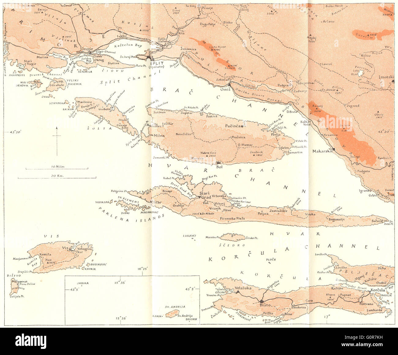 HVAR: island Brac, Korcula Vis, coasts Mainland, 1944 vintage map Stock Photo