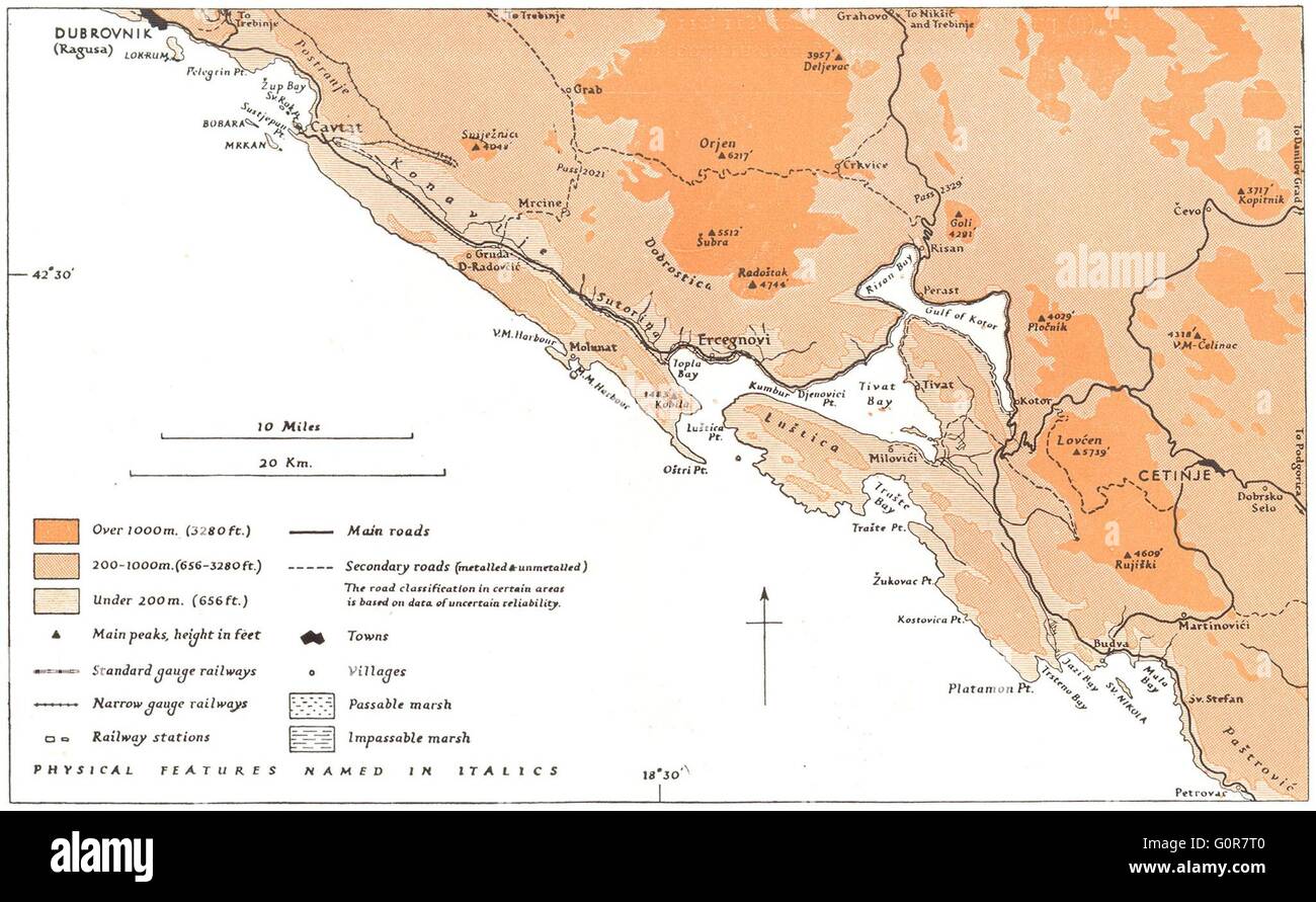 MONTENEGRO Coasts of Kotor Region, 1944 vintage map Stock Photo Alamy