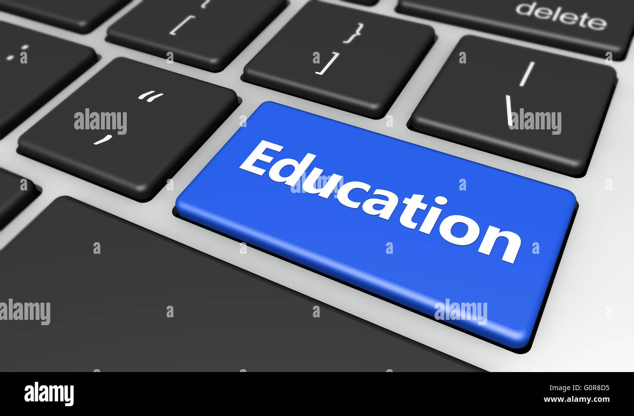 Online education and elearning concept with education sign and word on a blue computer key 3D illustration. Stock Photo