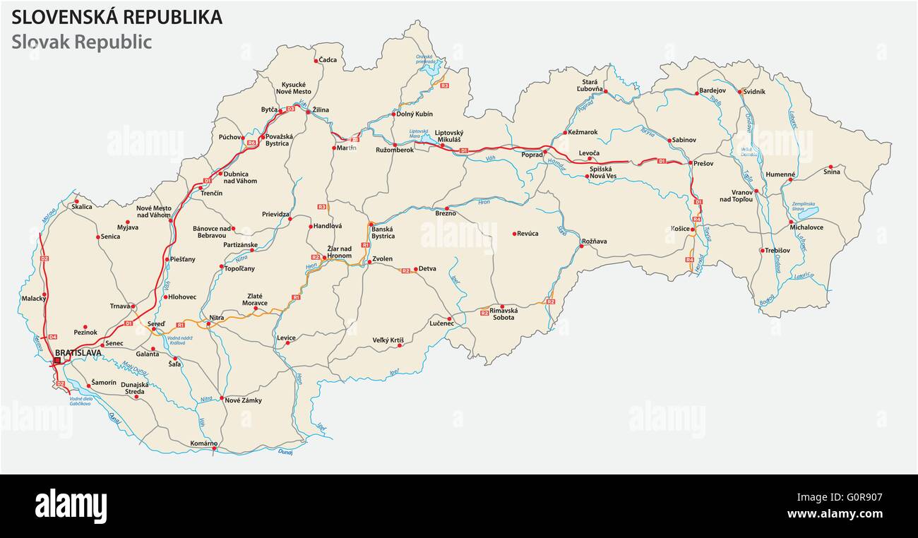 road map of Slovak republic with main roads Stock Vector