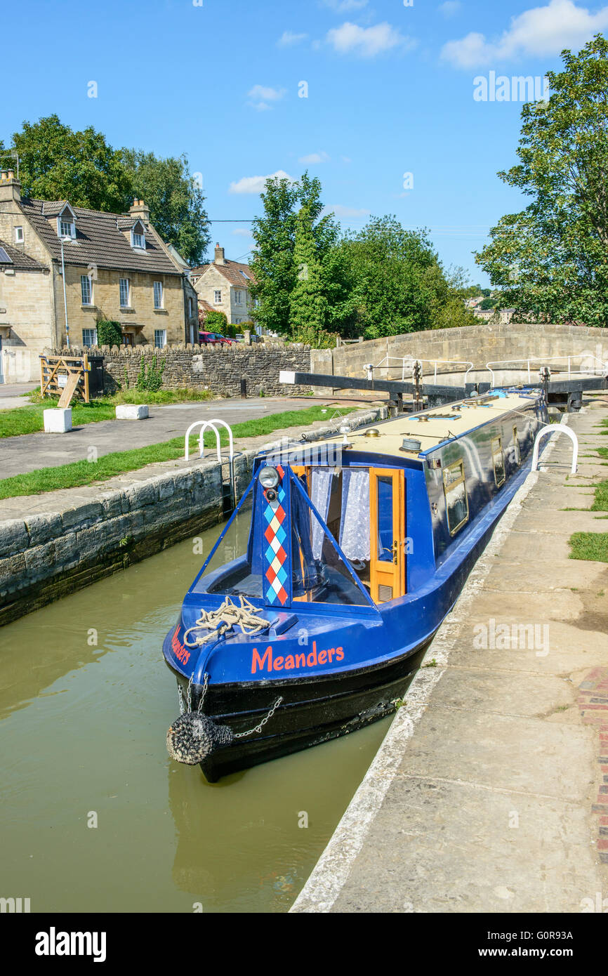 Narrowboat on the Kennet and Avon Canal at Bradford on Avon in Wiltshire in the lock gate Stock Photo