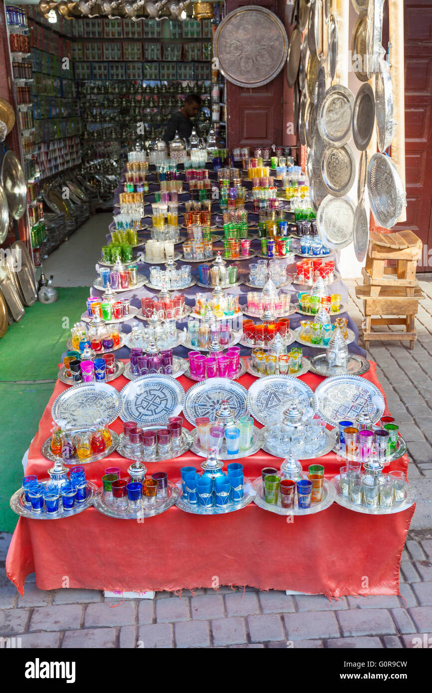 Traditional tea pots and glasses for sale, Marrakech, Morocco Stock Photo