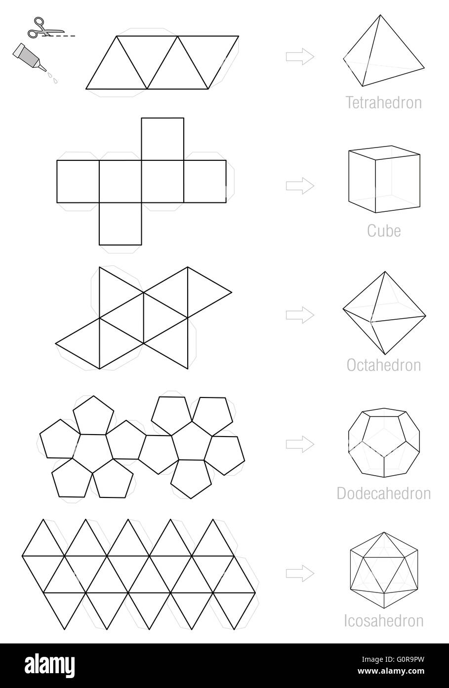 Platonic solids - coloring picture and craft pattern template. Stock Photo
