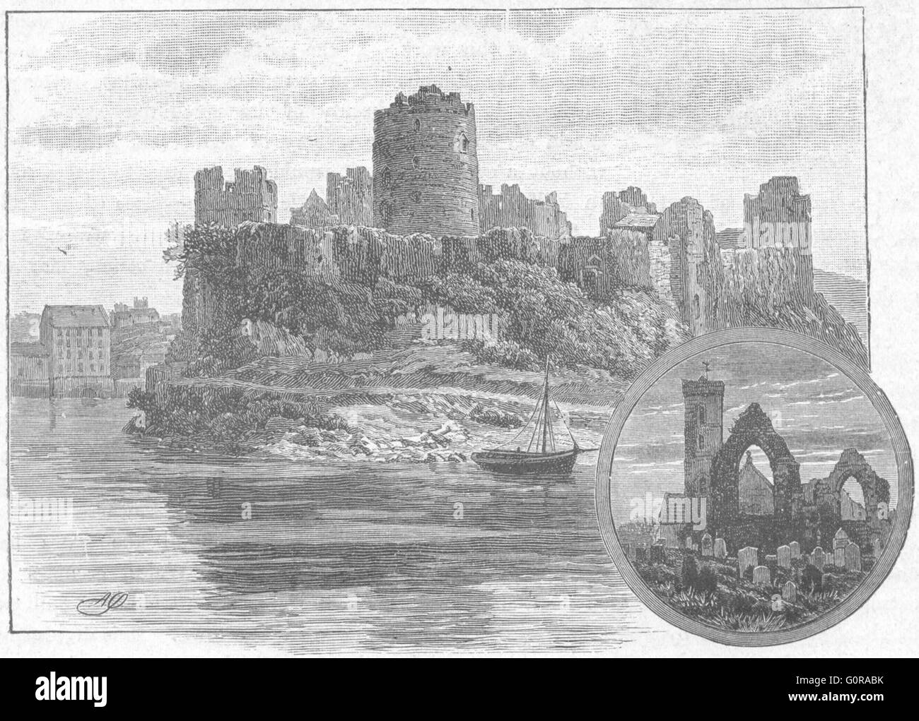 PEMBROKE: S shire: Pembroke Castle; Mouncton Priory, antique print 1898 Stock Photo