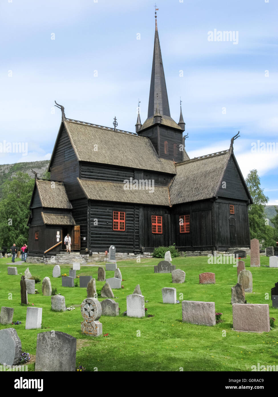 Lom Stave Church in the city centre of Lom in the Gudbrandsdal district in Oppland county, Norway Stock Photo