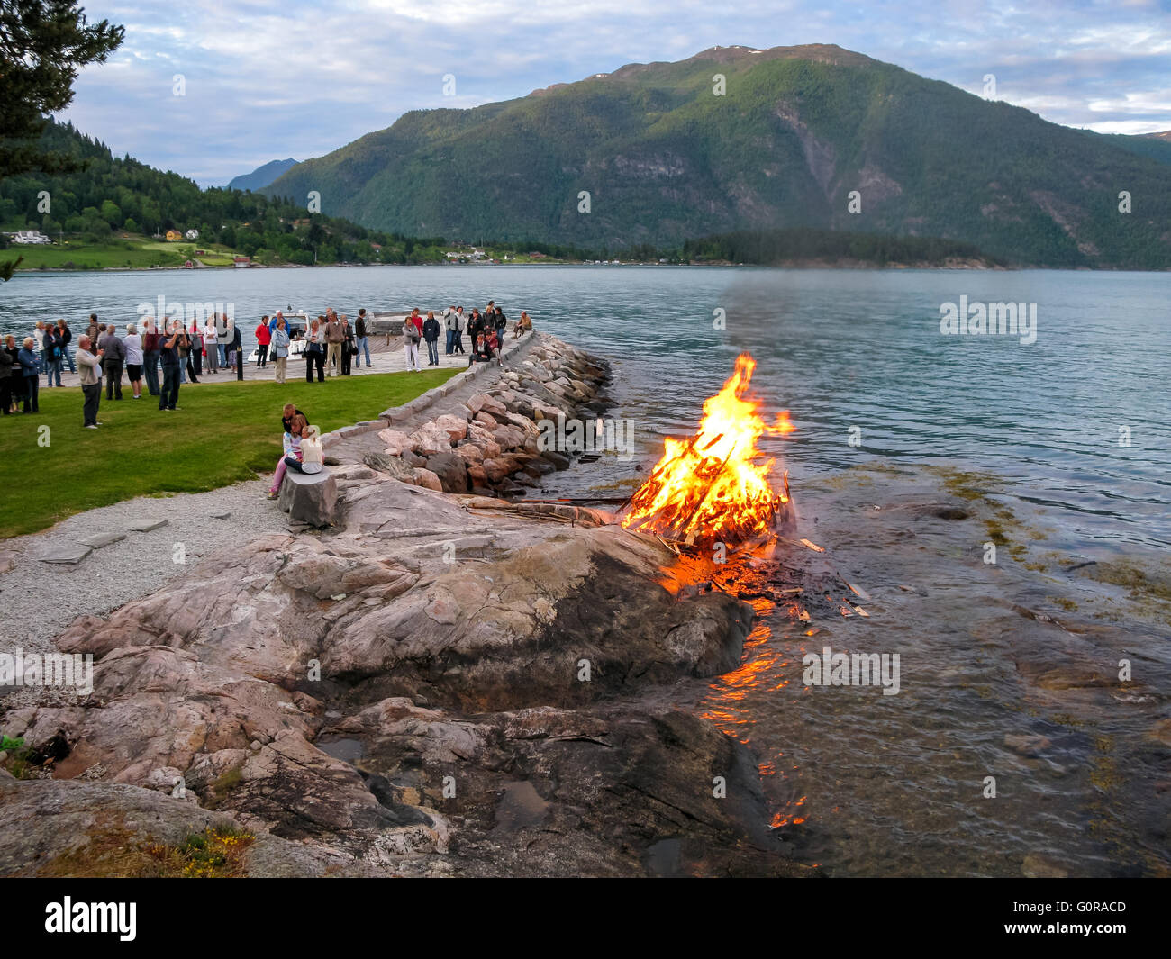 Midsummer's Eve bonfire in Balestrand, Sognefjord, Norway Stock Photo