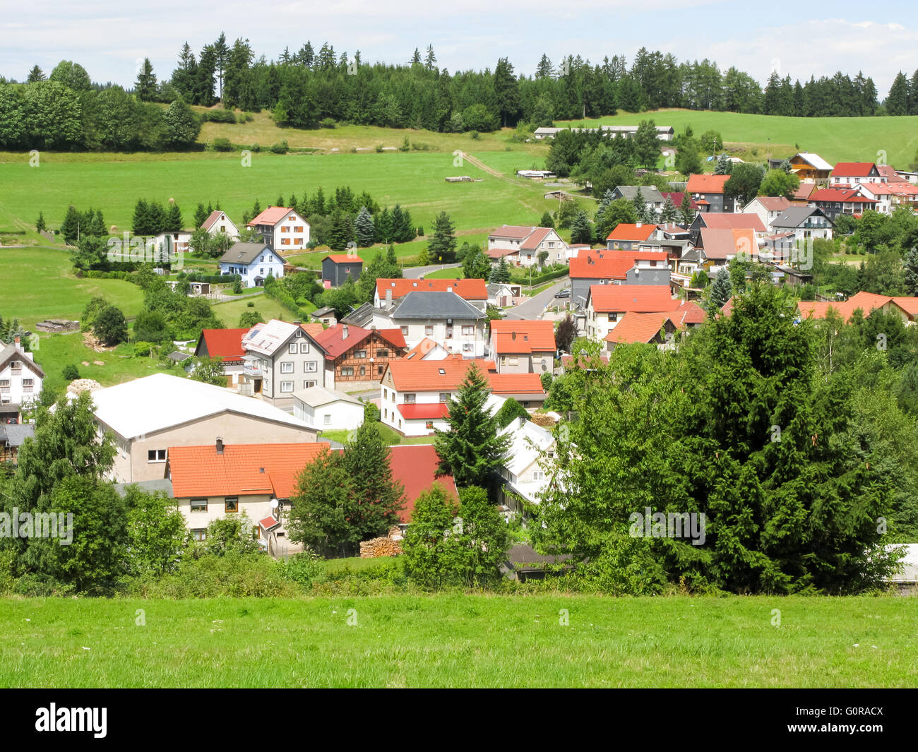 Panoramic view of the small village of Langenbach in Thuringian Forest Nature Park, Germany Stock Photo