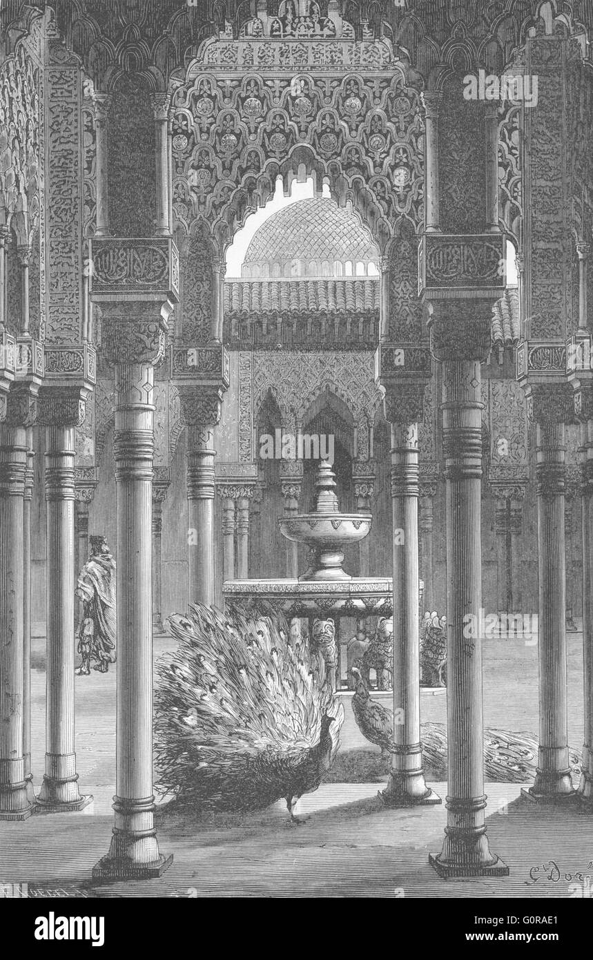 SPAIN: Court of Lions, Alhambra, antique print 1880 Stock Photo