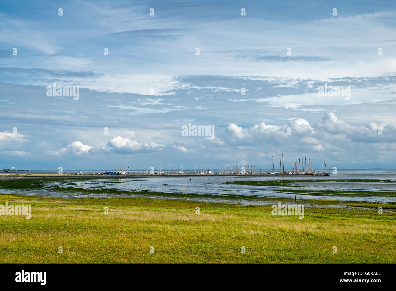 Wetlands and salt marshes of the Waddensea and the harbour of West-Frisian island Schiermonnikoog, Netherlands Stock Photo