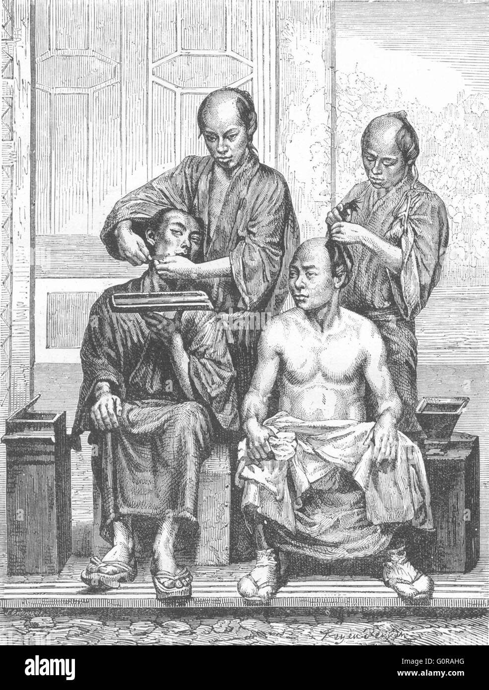 JAPAN: A Barber's Shop, antique print 1880 Stock Photo