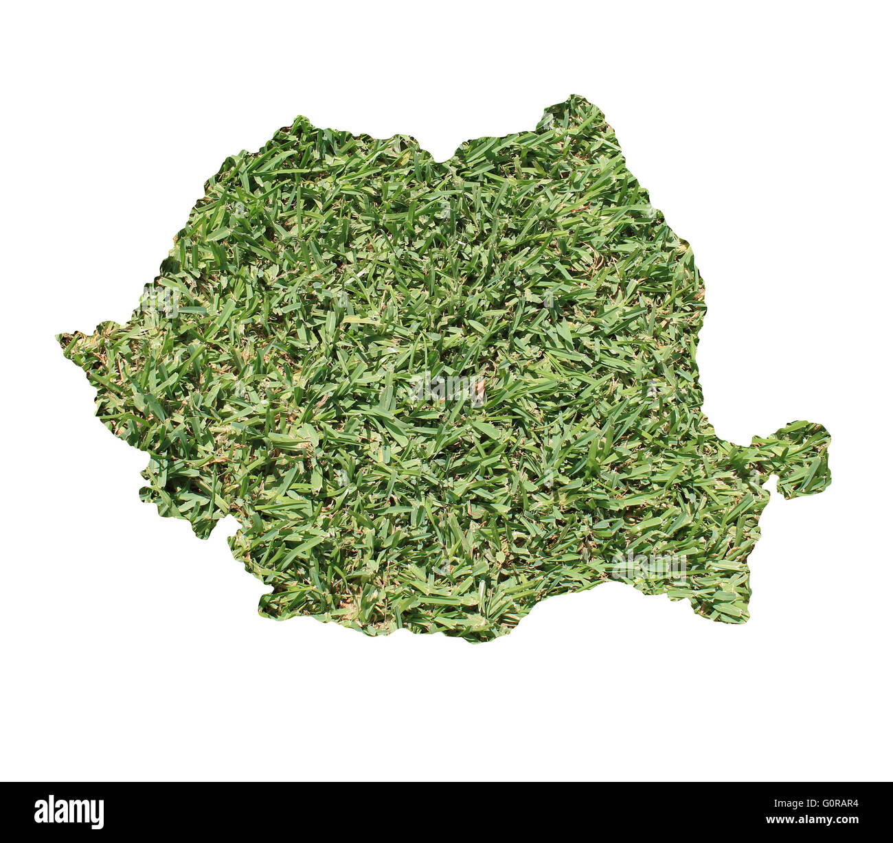 Map of Romania filled with green grass, environmental and ecological concept. Stock Photo