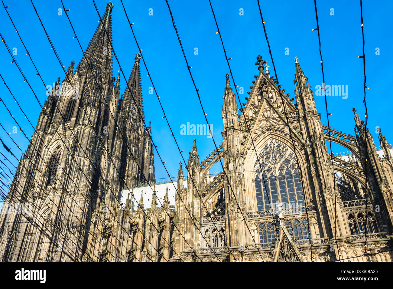 Cologne Cathedral seen through strings of lights, North Rhine Westphalia, Germany, Unesco World Heritage Site Stock Photo