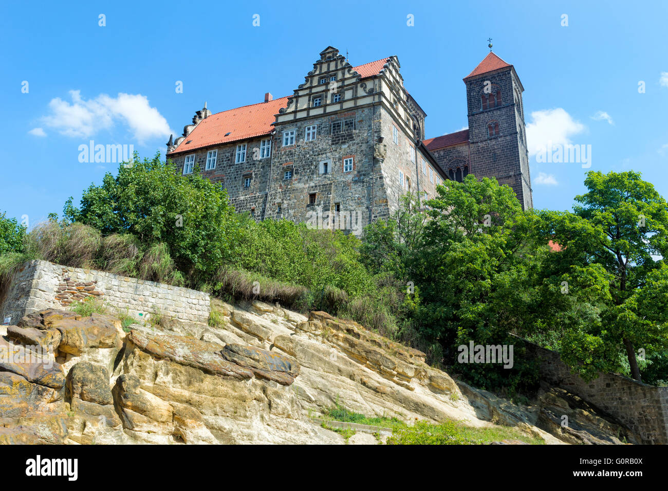 Castle and Church St. Servatius on Schlossberg hill, Quedlinburg, Harz, Saxony-Anhalt, Germany, Unesco World Heritage Site Stock Photo