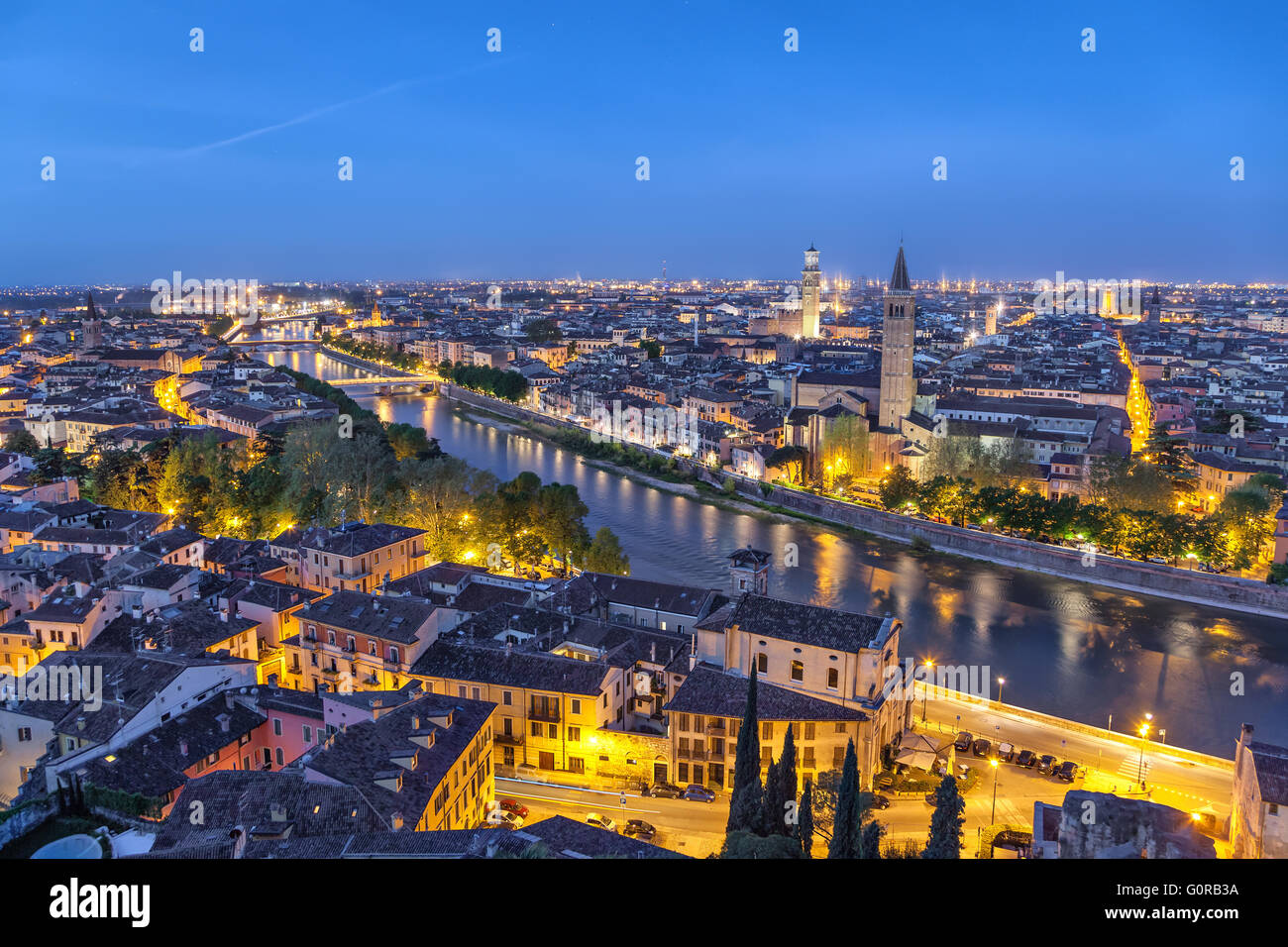 Aerial view on Verona and Adige river in the morning, Italy Stock Photo ...