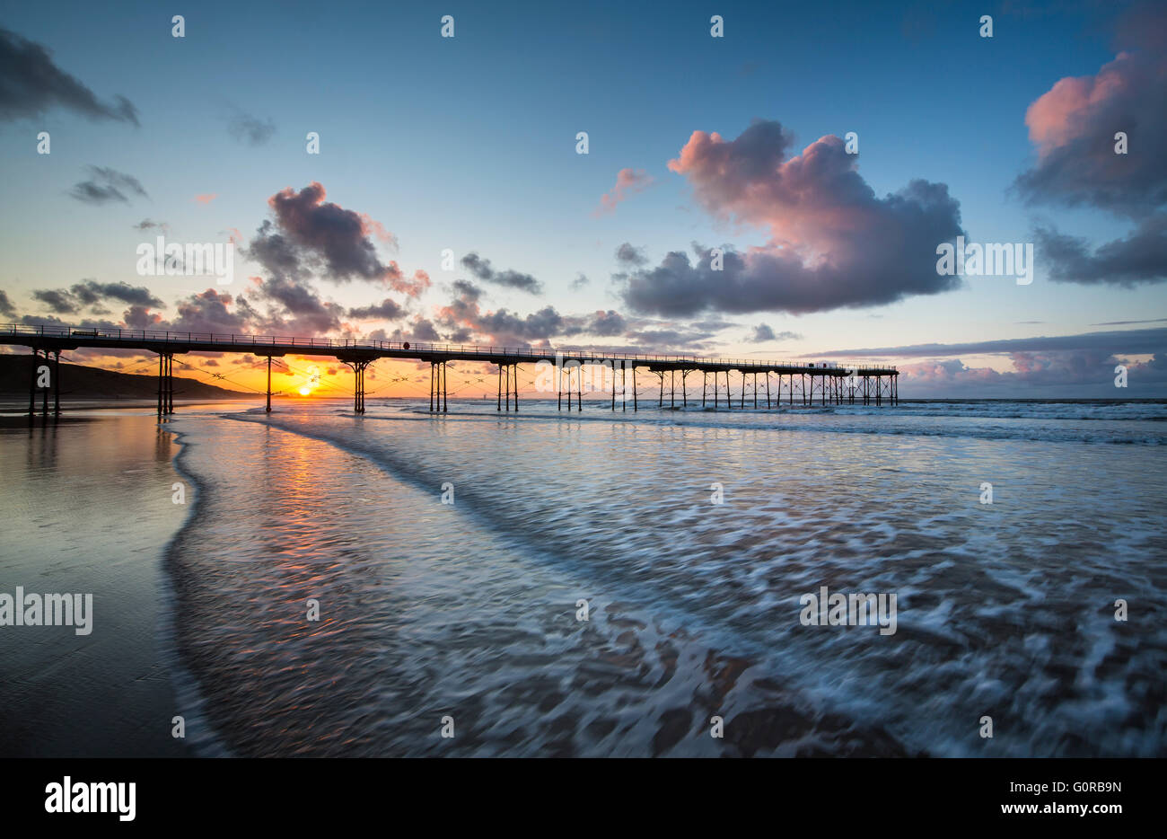 Saltburn Beach and Pier at Spring Sunset, Cleveland Stock Photo