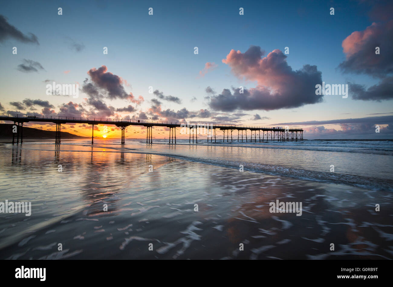 Saltburn Beach and Pier at Spring Sunset, Cleveland Stock Photo
