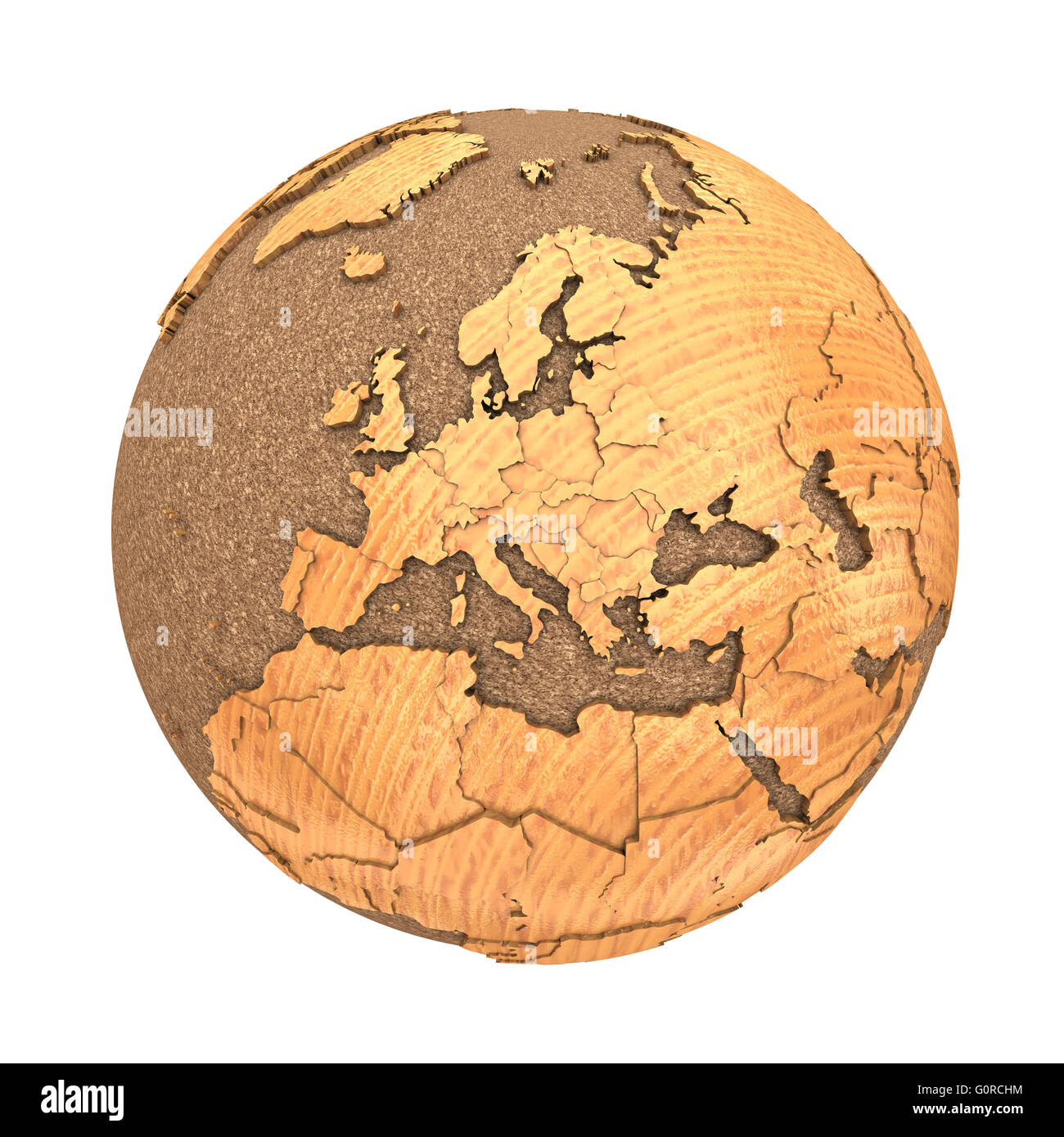 Europe on 3D model of wooden planet Earth with oceans made of cork and ...