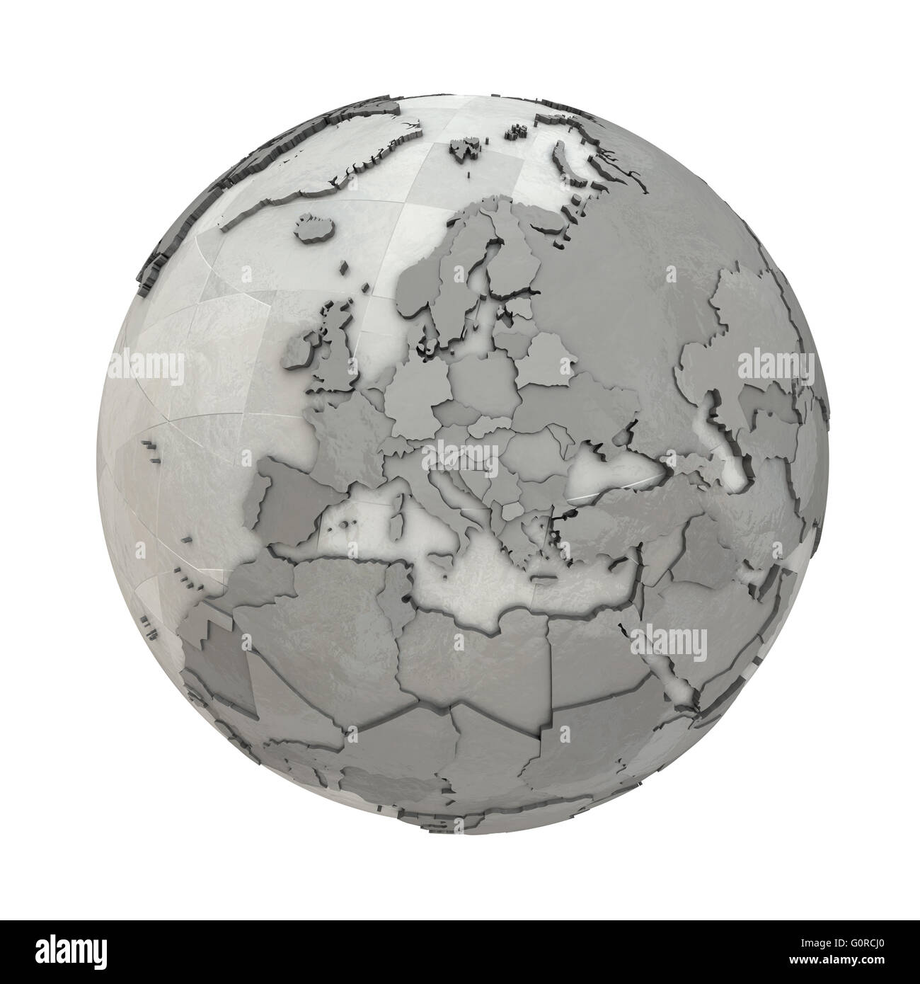 Europe on 3D model of metallic planet Earth made of steel plates with ...