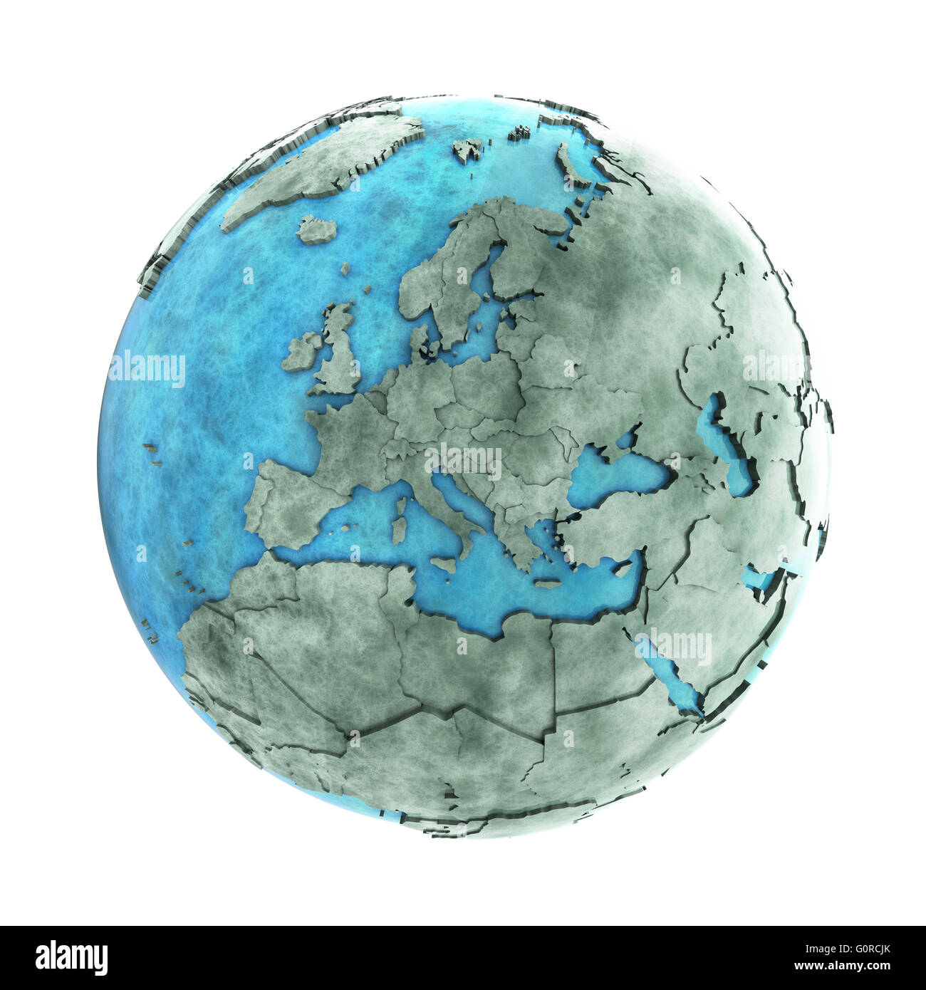 Europe on 3D model of planet Earth made of blue marble with embossed ...