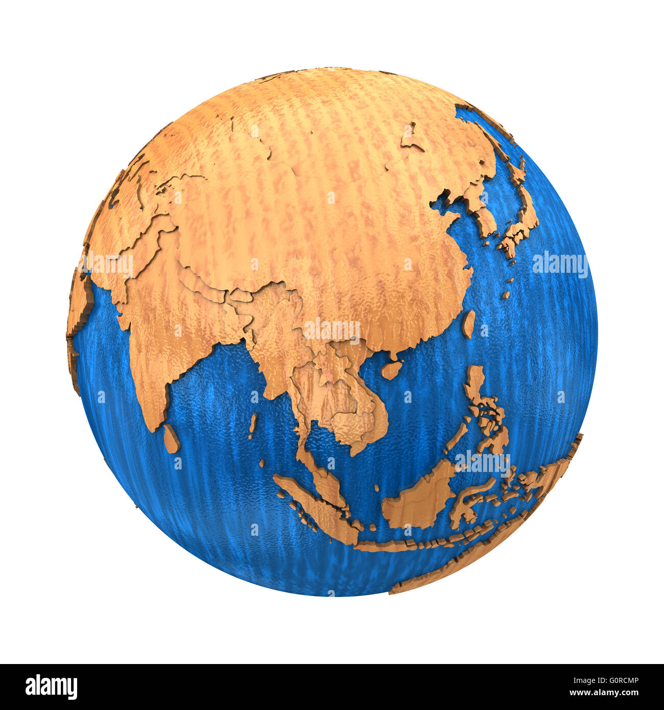 Southeast Asia on wooden model of planet Earth with embossed continents ...