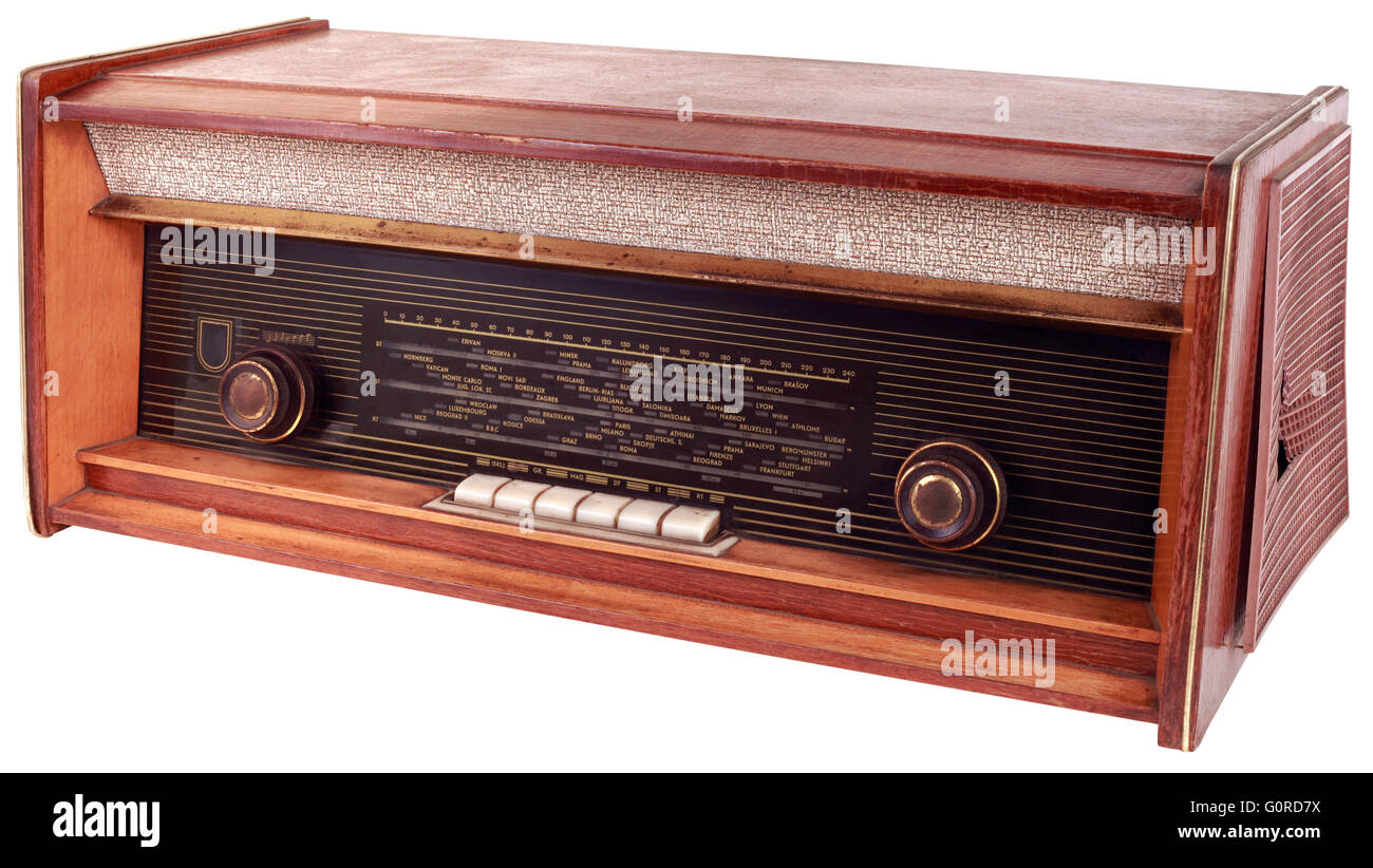 Old Wooden Radio Apparatus Isolated with Clipping Path Stock Photo