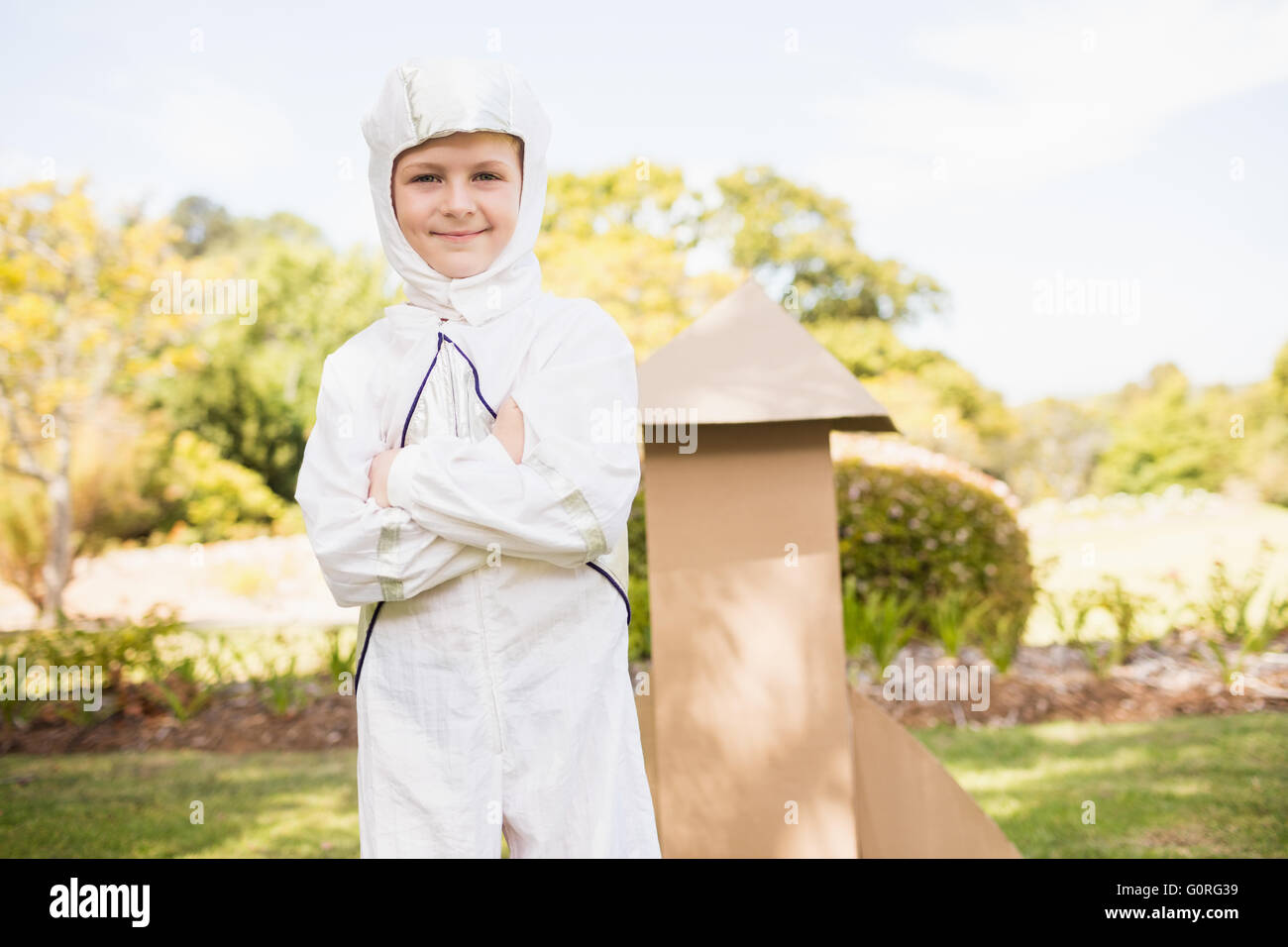 Cute boy pretending to be an astronaut Stock Photo