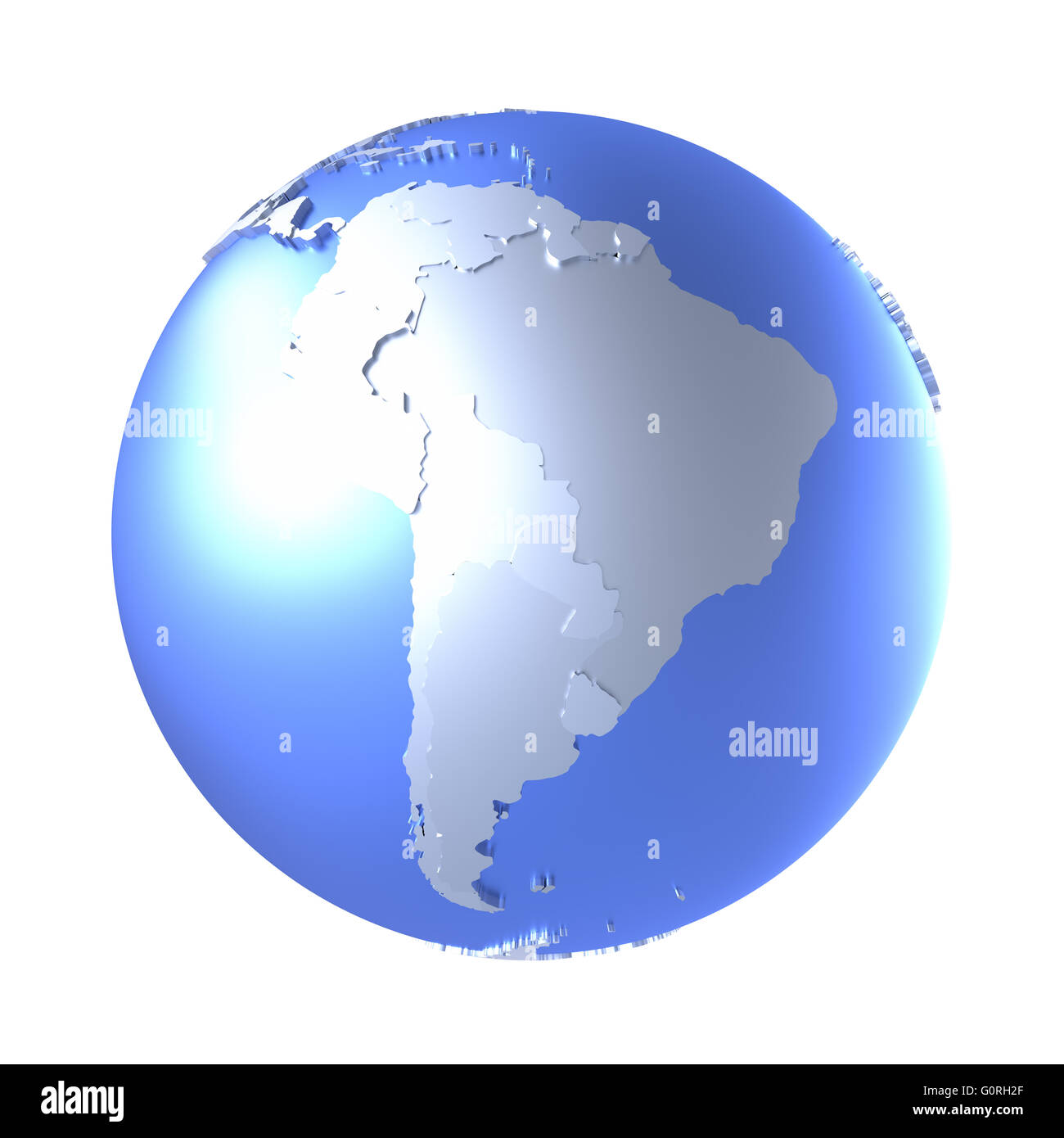 South America on bright metallic model of planet Earth with blue ocean ...