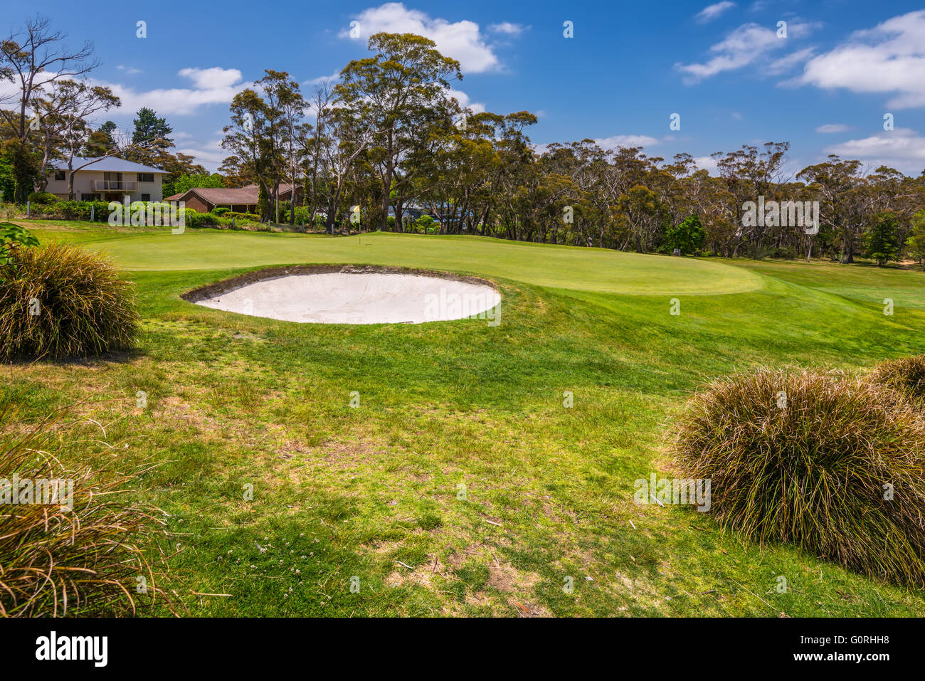 View of Golf course with a bunker and a good green in a nice day, Katoomba, New South Wales, Australia Stock Photo