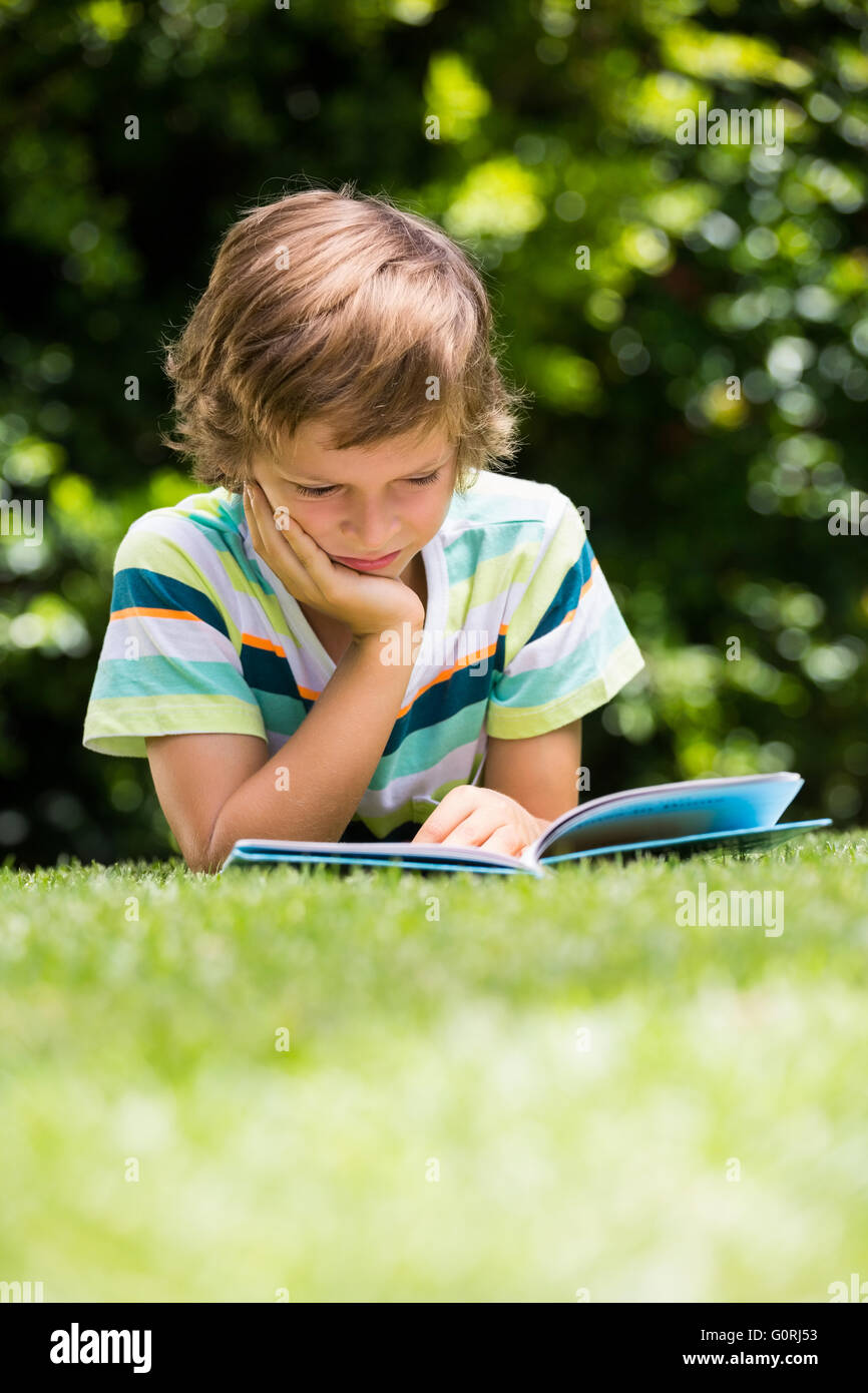 A little boy is reading a book Stock Photo