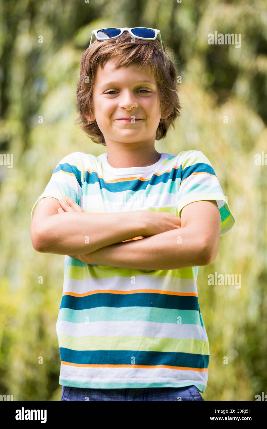 A little boy is crossing their arms Stock Photo