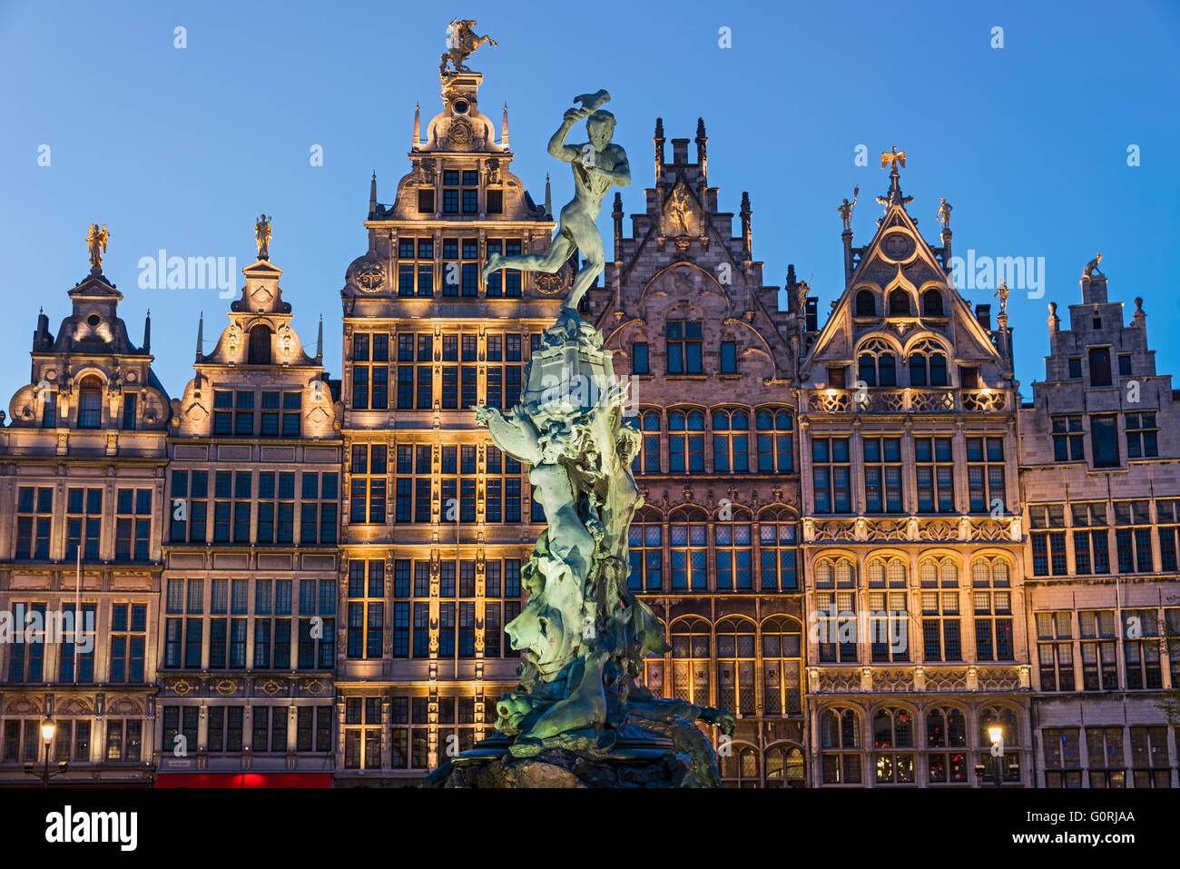 Brabo Fountain and guildhouses Antwerp Belgium Stock Photo