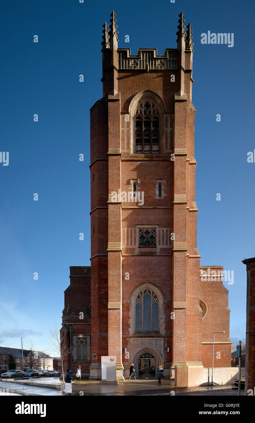 All Souls, Bolton, England. Close view of the church tower with two