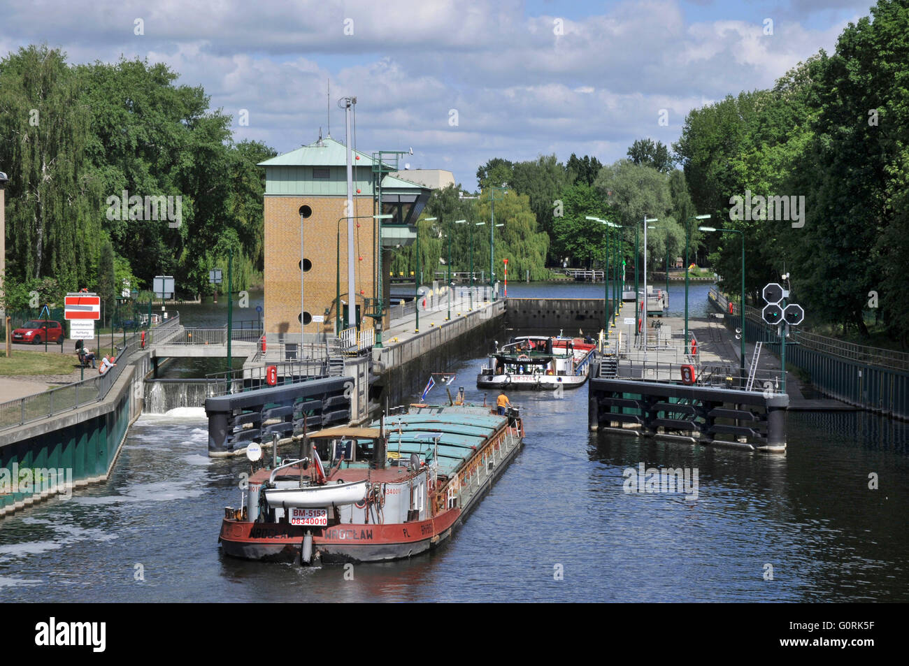 Freighter, cargo vessel, lock, watergate, Havel, Spandau, Berlin, Germany Stock Photo