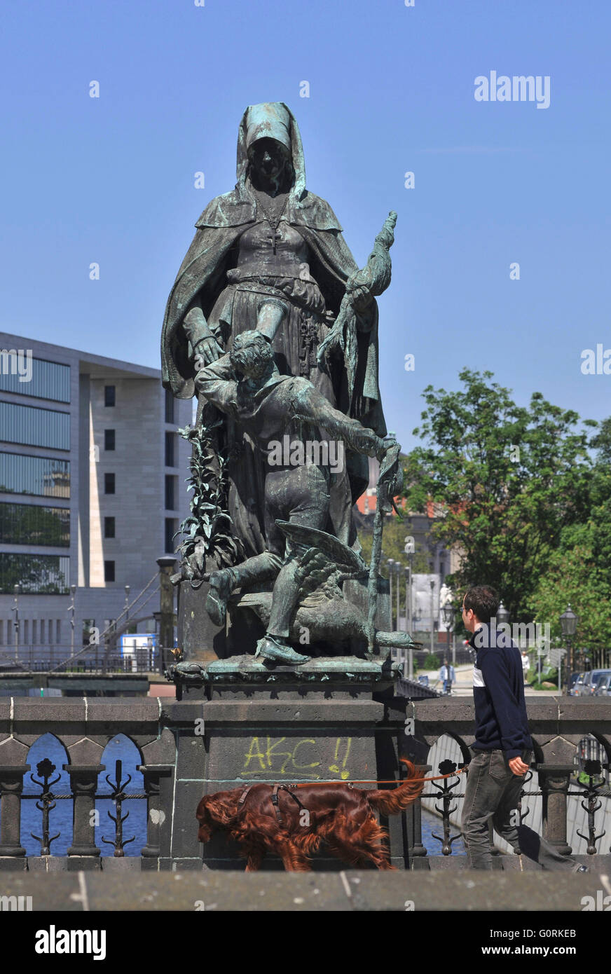 Bronze sculpture, Saint Gertrude of Nivelles, Getraudenbruecke, Mitte, Berlin, Germany / Gertraude, Getrud, Gertraudenbr?cke, Getraude Bridge Stock Photo