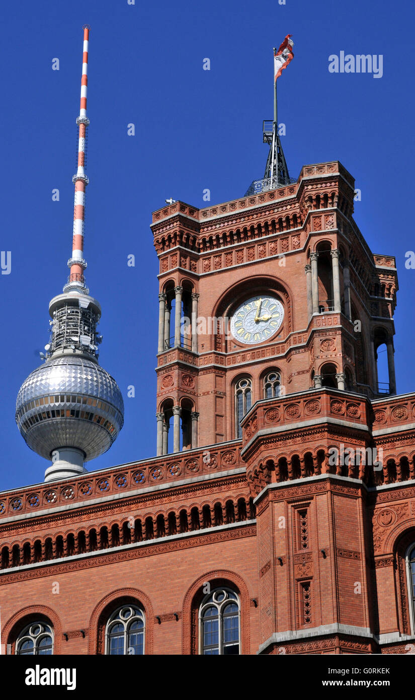 Rotes Rathaus, Fernsehturm Berlin, Rathausstrasse, Mitte, Berlin, Germany / Red City Hall, television tower Stock Photo