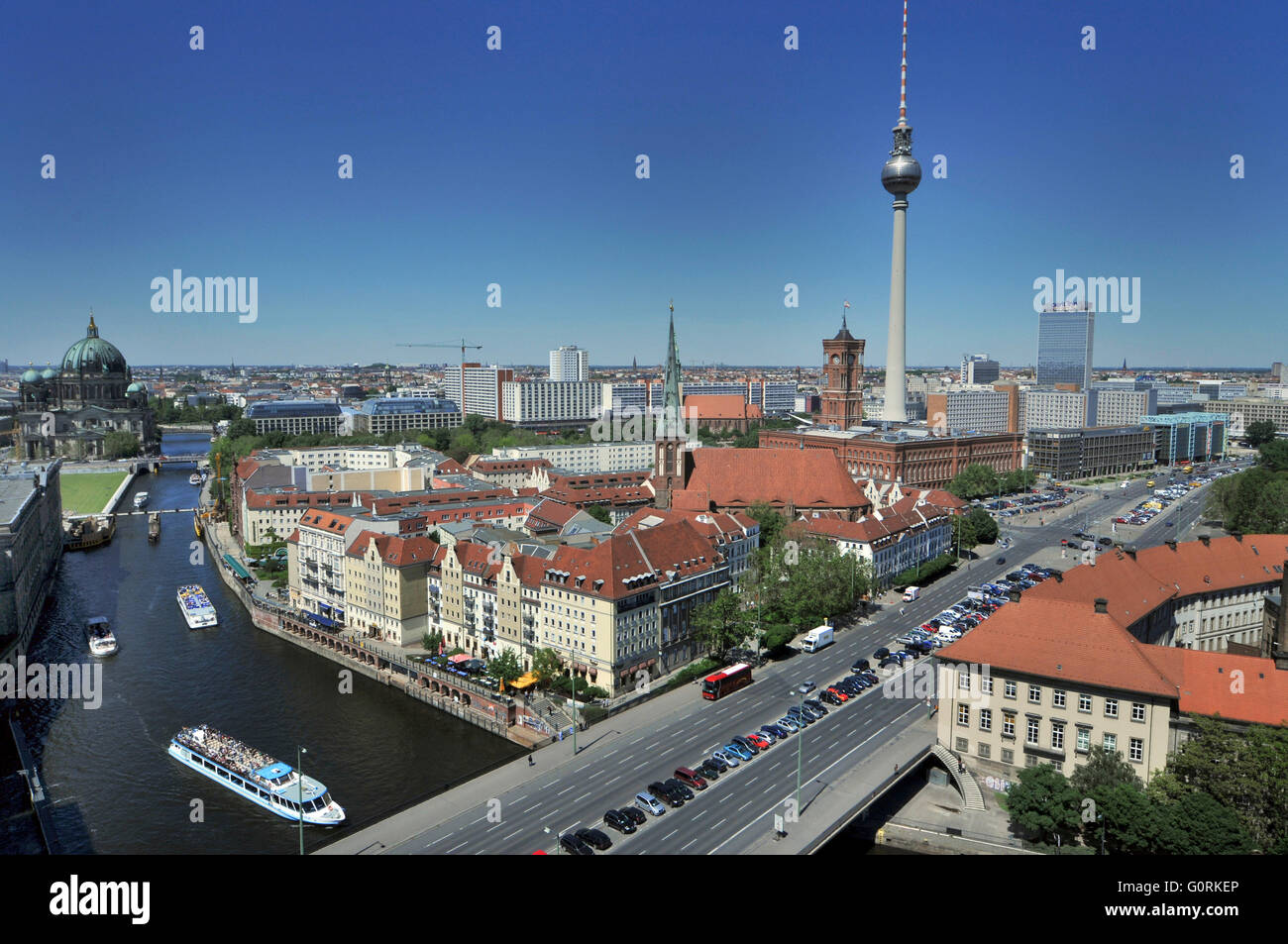 Nikolaiviertel, television tower, Muhlendamm bridge, Spree, old town, Mitte, Berlin, Germany / M?hlendamm, Muhlendammbrucke, M?hlendammbr?cke, TV Tower, Fernsehturm, Nicholas' Quarter Stock Photo