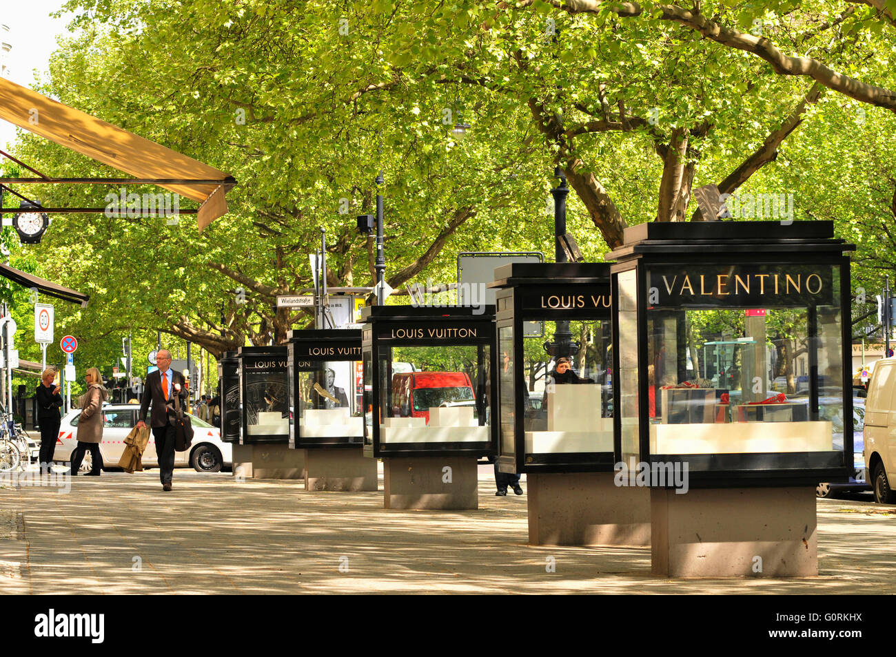 Vitrines, showcase, pavement, sidewalk, Kurfurstendamm, Charlottenburg, Berlin, Germany / Kurf?rstendamm Stock Photo