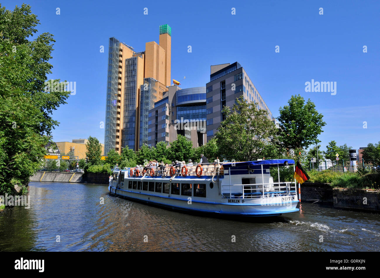 Excursion steamer Neptun, steamship, Stern und Kreis Reederei, Debis Tower, Landwehr Canal, Potsdamer Platz, Berlin, Germany / shipping company, Landwehrkanal, debis House Stock Photo