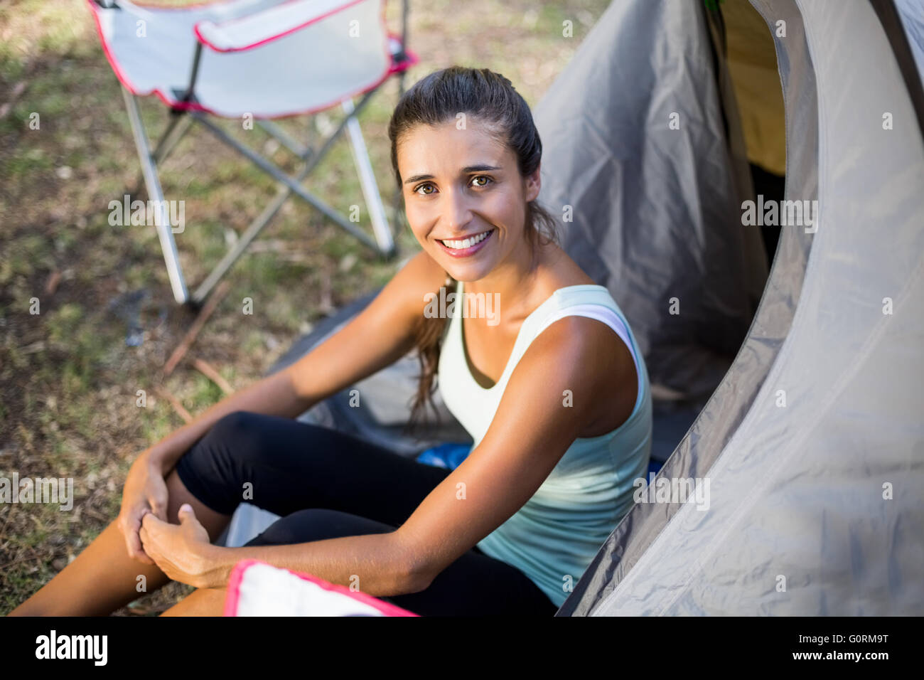 Woman happy camping tent hi-res stock photography and images - Alamy