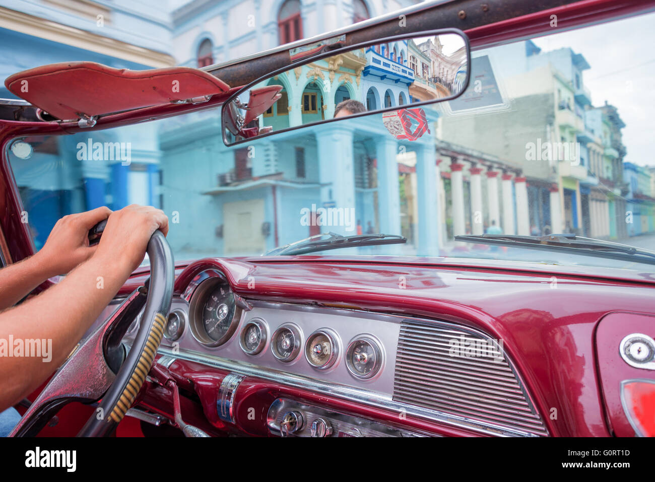 Havana, view from inside an old vintage classic american car, Cuba Stock Photo