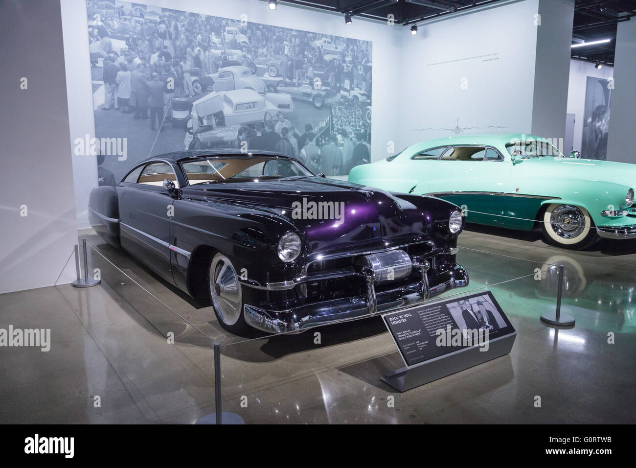 Purple 1948 Cadillac Sedanette reproduction called CadZZilla from the collection of rock band ZZ Top guitarist Billy Gibbons Stock Photo