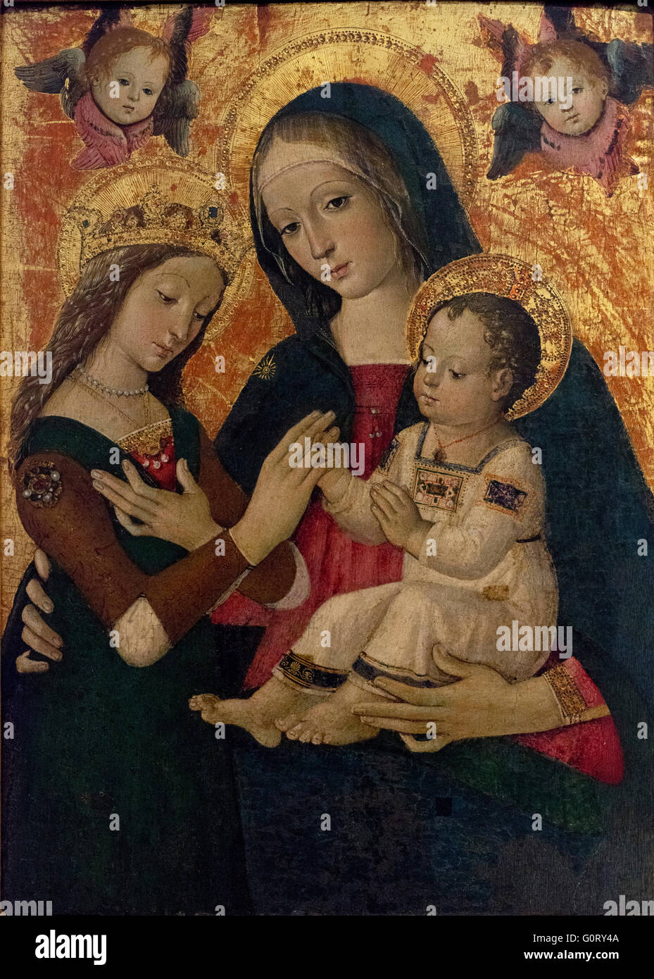 School of Pinturchio (beginning of 16th C), The Mystical Marriage of St Catherine of Alexandria. Stock Photo